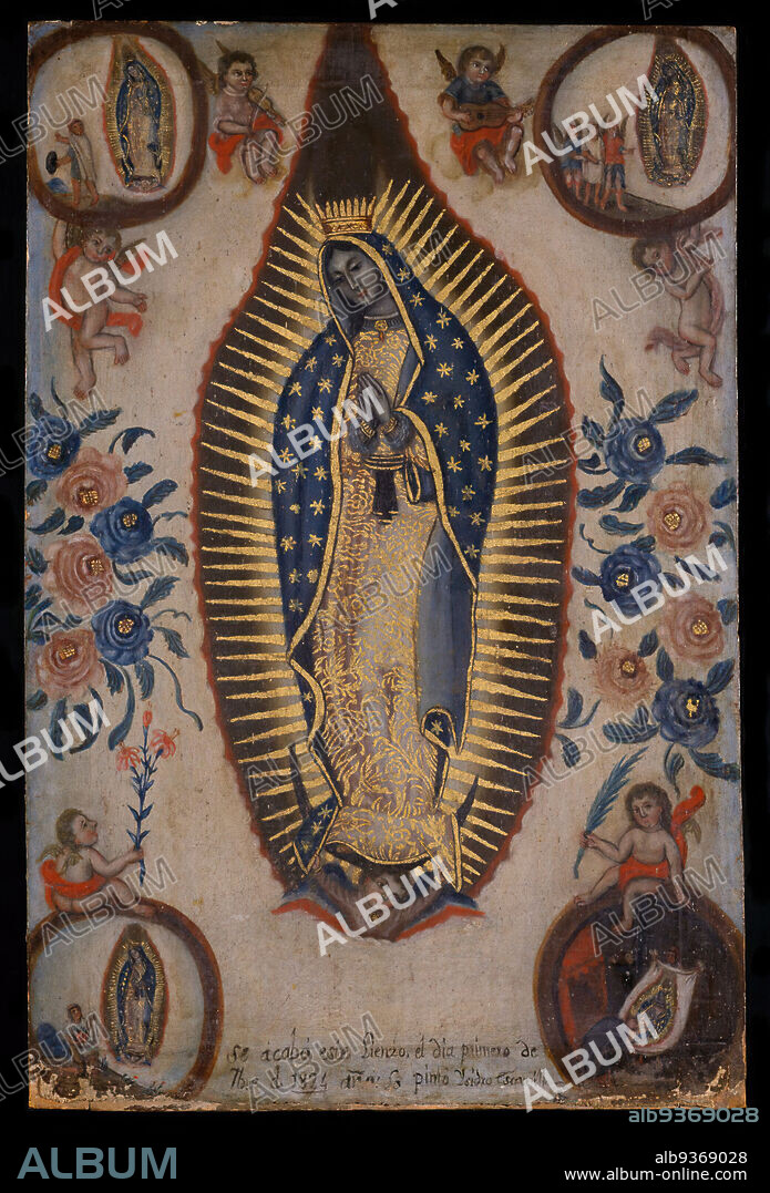 Virgin of Guadalupe, Isidro Escamilla, Mexican, active 19th century, Oil on canvas, Mexico, September 1, 1824, 22 7/8 x 15in., 58.1 x 38.1cm, 19th Century, 19th century art, 19thC, blue, brown-skinned, Christian, Gold leaf, Hispanic art, hispanic heritage, inscription, Juan Diego, latin american art, madonna, mandorla, mexican, mexico, ndd13, ndsp, oil on canvas, oval, painting, Religion, religious, religious art, spanish american art, Spanish Colonial, Virgin, Virgin Mary, Virgin of Guadalupe, vision, x-ray.