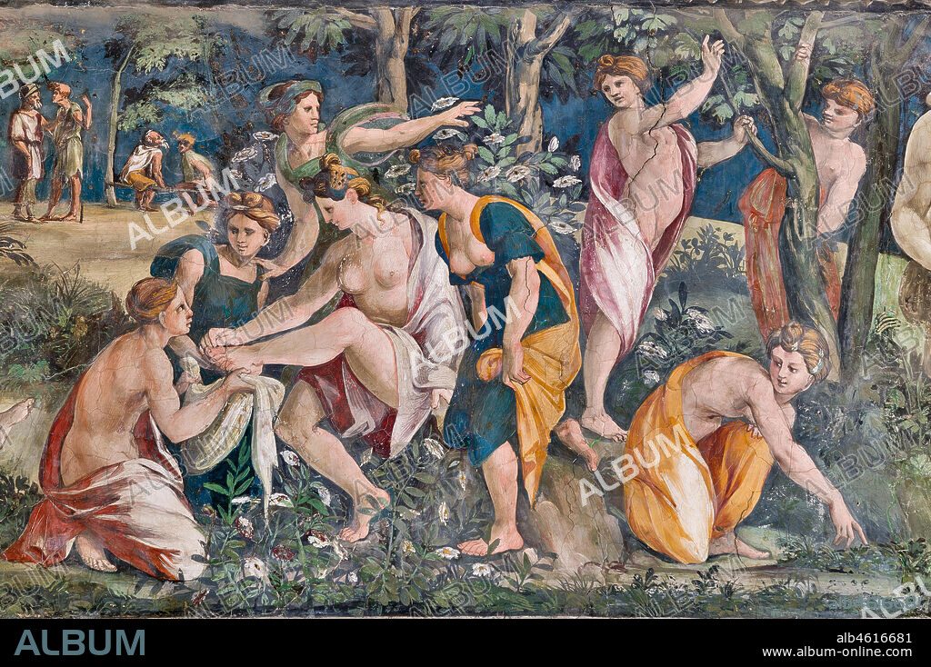 Rome, Villa Farnesina, The Hall of Perspectives: the ample frieze with mythological scenes inspired by the Ovid Metamorphoses. Detail with Venus and Adonis. She is removing a thorn from her foot while Adonis is lying dead, killed by a wild boar. Frescoes by Baldassarre Peruzzi (1517-8).