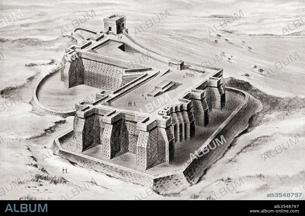 The great frontier fortress at Semneh or Semna, Nubia, Egypt erected by Khakaure Senusret III, aka Senwosret III or Sesostris III. From Hutchinson's History of the Nations, published 1915.