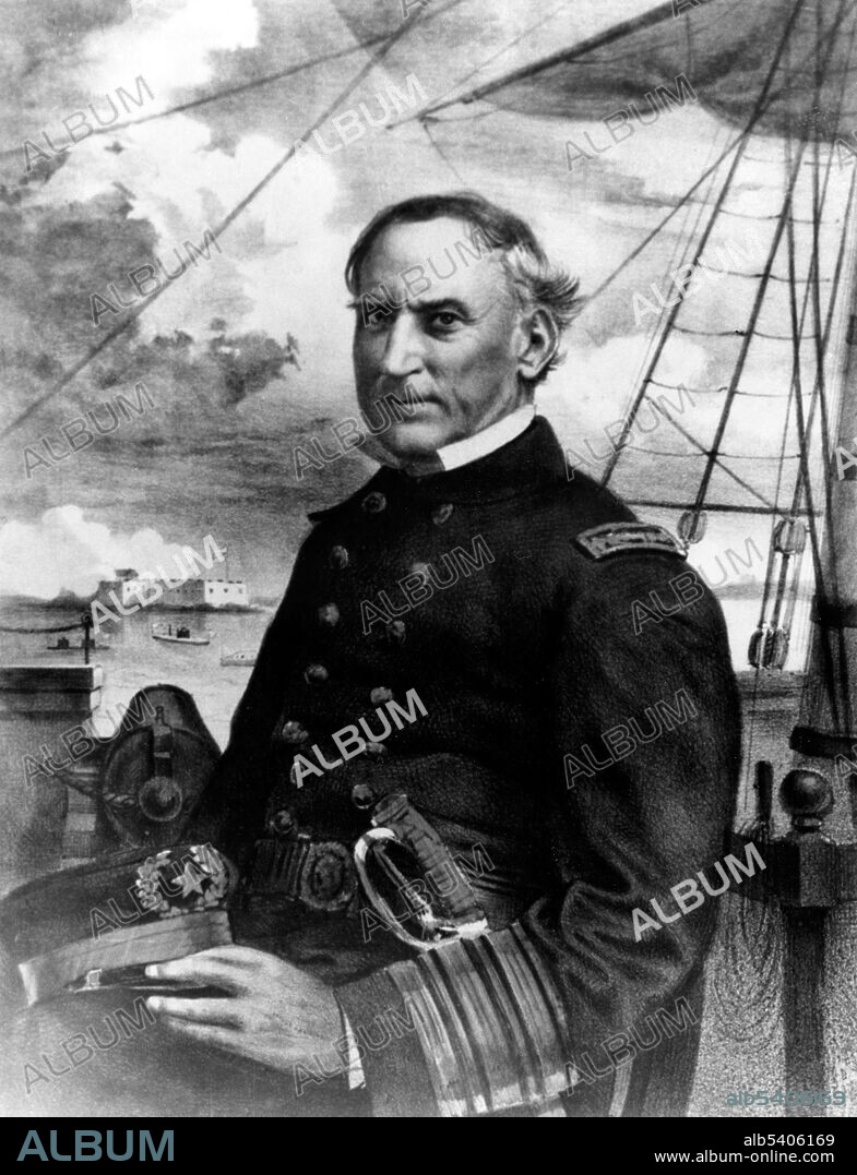 David Glasgow Farragut (July 5, 1801 - August 14, 1870) was a flag officer of the United States Navy during the American Civil War. He was the first rear admiral, vice admiral, and admiral in the USN. He is remembered for his order at the Battle of Mobile Bay usually paraphrased as "Damn the torpedoes, full speed ahead". Farragut's naval career began as a midshipman when he was nine years old, and continued for 60 years until his death at the age of 69. He remained on active duty for life, an honor accorded to only seven other USN officers after the Civil War. (cropped and cleaned).