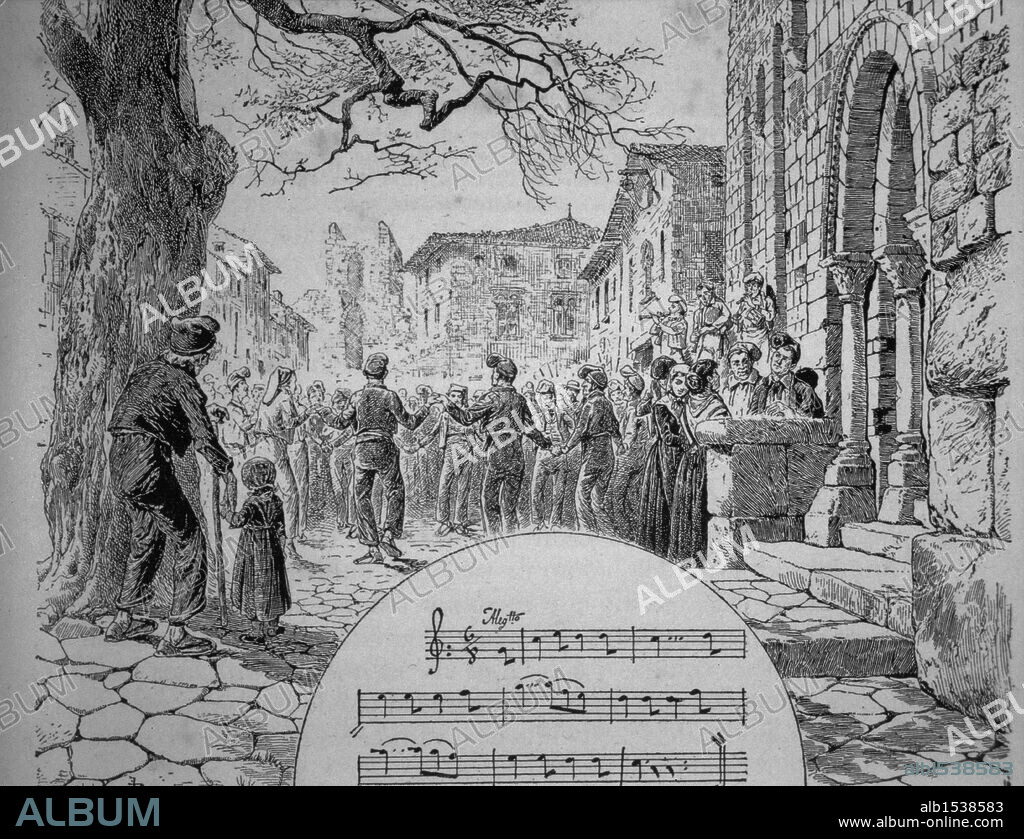 Sardana en la plaza del pueblo; un dia de fiesta. Dibujo de Pahissa. Año 1880.