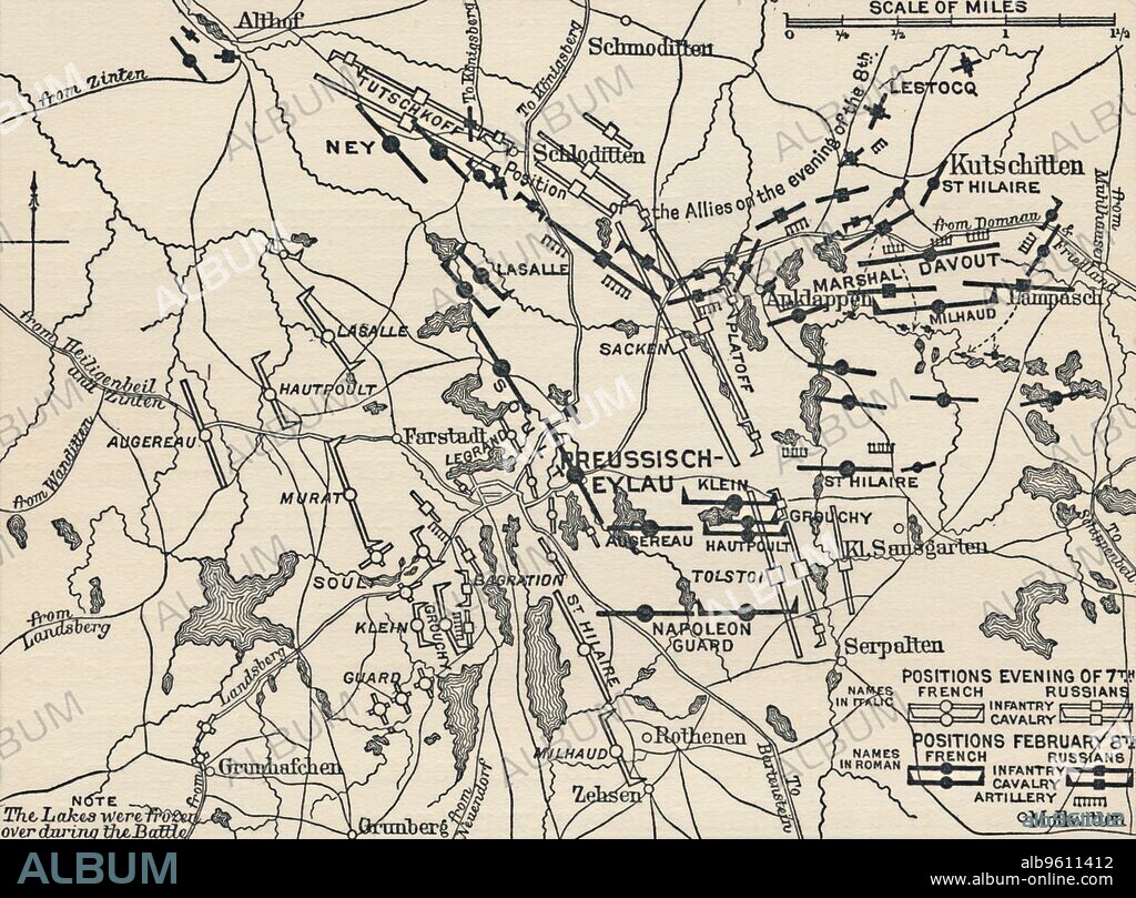 'Map of the Battle of Eylau', 1807, (1896). The Battle of Eylau or Battle of Preussisch-Eylau, 7 and 8 February 1807, was fought between Napoleon's Grande Armée and the Imperial Russian Army under the command of Levin August, Count von Bennigsen near the town of Preussisch Eylau in East Prussia, present-day Bagrationovsk in Russia. From Life of Napoleon Bonaparte, Volume III, by William Milligan Sloane. [The Century Co., New York, 1896].