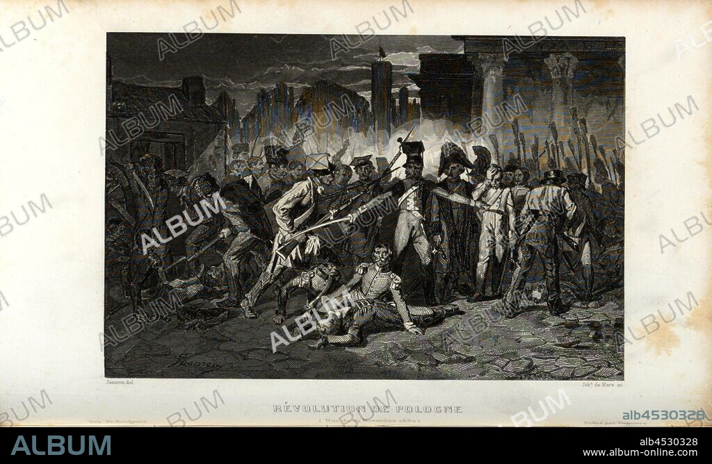 Polish Revolution Night of November 29, 1830, November Uprising in Poland from 1830, signed: Jeanron (del.); Joh. De Marc (sc.), Fig. 1, to p. 136, Jeanron (del.); Marc, Joh. de (sc.), Louis Blanc: Révolution française: histoire de dix ans 1830-1840. Bd. 2. Paris: Pagnerre, 1848.