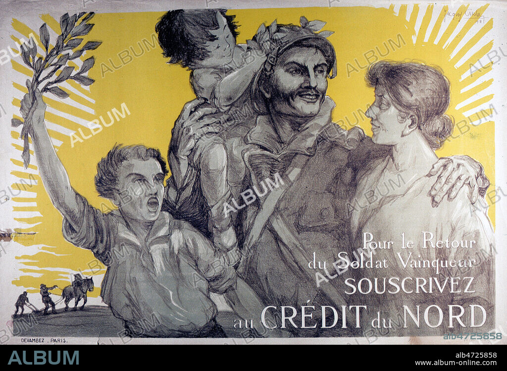 JEAN CARLU. 'Pour le retour du soldat vainqueur souscrivez au Credit du Nord' Affiche ancienne (guerre 14-18) de 1918 par Jacques CARLU (1900-1997 = ADAGP) ( XXeme s., 20eme s., 20e s.). Credit : JEAN VIGNE/ KHARBINE TAPABOR.