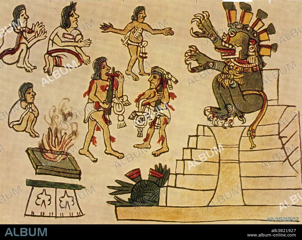 Aztec priest draw blood from their bodies with skewers and knives to appease Mictlantecuhtli, Lord of the Underworld. Priests often performed self-sacrifice whereby they perforated their tongues, earlobes, legs and arms. Mictlantecuhtli, in Aztec mythology, was a god of the dead and the king of Mictlan, the lowest and northernmost section of the underworld. He was one of the principal gods of the Aztecs and was the most prominent of several gods and goddesses of death and the underworld (see also Chalmecatl). The worship of Mictlantecuhtli sometimes involved ritual cannibalism, with human flesh being consumed in and around the temple. No source or date information given.