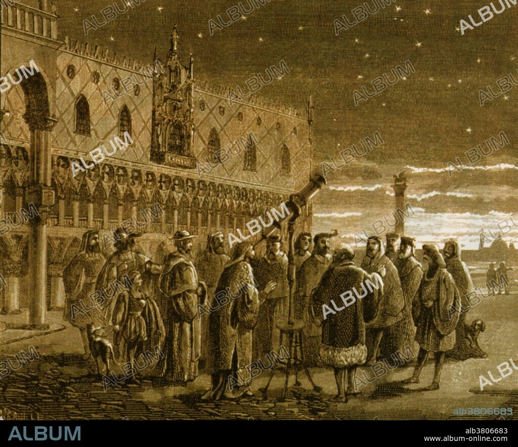 Galileo and his telescope in Venice. 1609. Galileo shows the satellites of Jupiter to Venetian senators. Galileo Galilei (February 15, 1564 - January 8, 1642) was an Italian physicist, mathematician, astronomer, and philosopher who played a major role in the Scientific Revolution. His achievements include improvements to the telescope, important astronomical observations and support for Copernicanism. Galileo has been called the "father of modern observational astronomy", the "father of modern physics", the "father of science", and "the Father of Modern Science". In 1610 he became the first person to use a telescope to make astronomical observations. He discovered the mountains on the Moon, the four largest moons of Jupiter and numerous dim stars. He studied the motion of a pendulum and found that the swings have a constant time period. He studied gravity, showing that heavy and light objects fall at the same rate. He supported the Copernican theory that the Sun was at the center of the solar system rather than the Earth. This belief was judged heretical by the Inquisition in 1633 and he was sentenced to house arrest for the rest of his life. Suffering fever and heart palpitations, he died in 1642, at the age of 77.