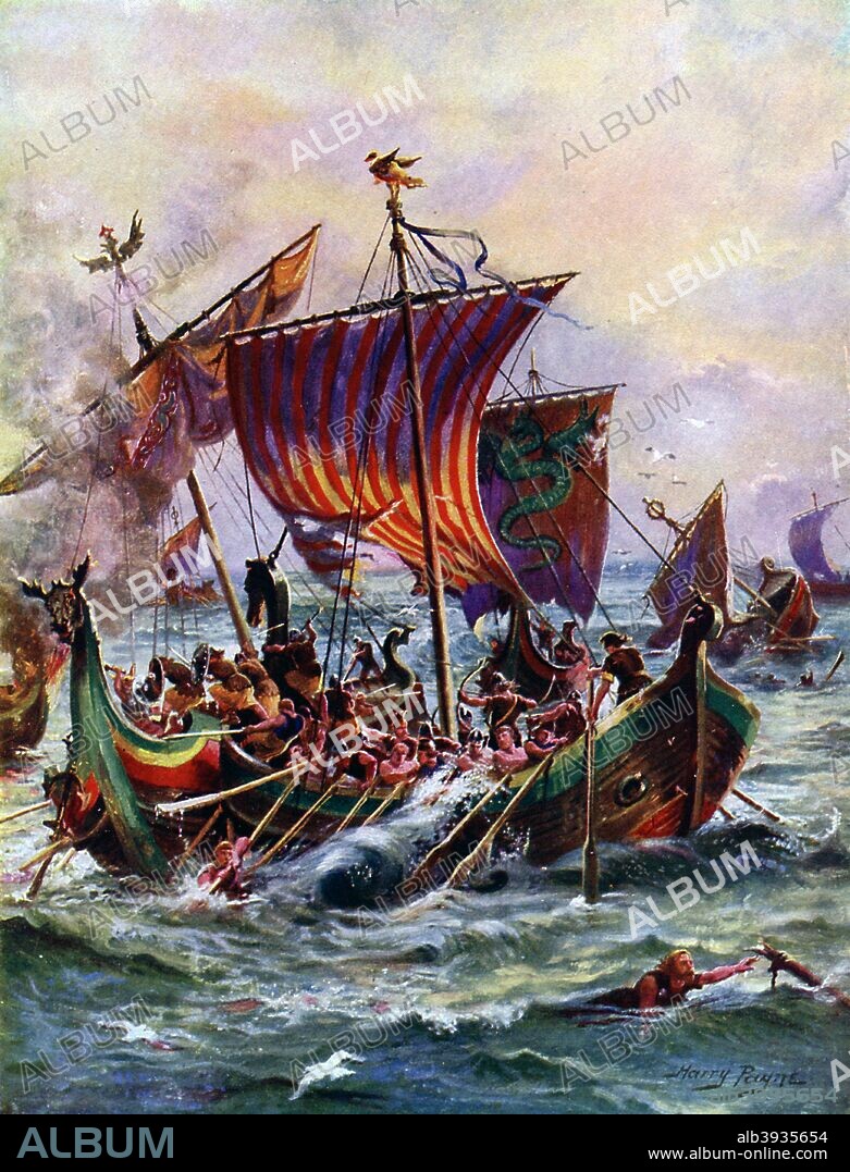 Alfred's galleys attacking the Viking dragon ship, 897 AD, (c1920). Illustration from Story of the British Nation, Volume I, by Walter Hutchinson, (London, c1920s).