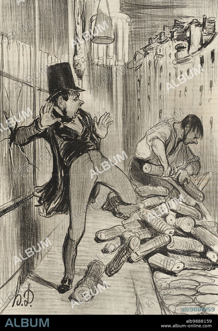 HONORé DAUMIER. Fichtre!...que ces êtres-là sont sciants!, 1839. Man tripping over sawn logs: 'Damn!...how clever these things are!'. Pun on the French word sciant which can mean surprising or sawing. From Emotions parisiennes.