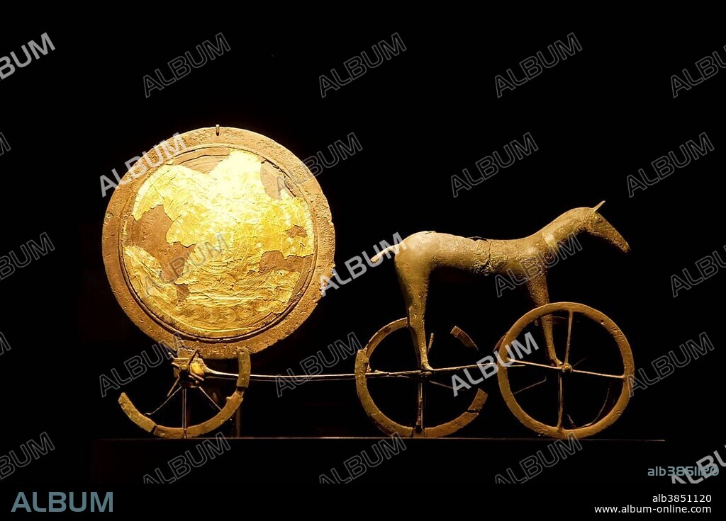 Solvognen, Trundholm sun chariot, from the Bronze Age, at display at the National Museum, Nationalmuseet, Copenhagen, Denmark, Europe