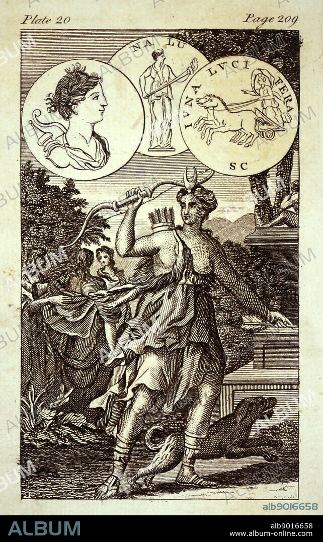 Engraving depicting the ancient Roman Goddess Diana. Diana was the Goddess of the hunt, the moon, and nature. Dated 19th century.