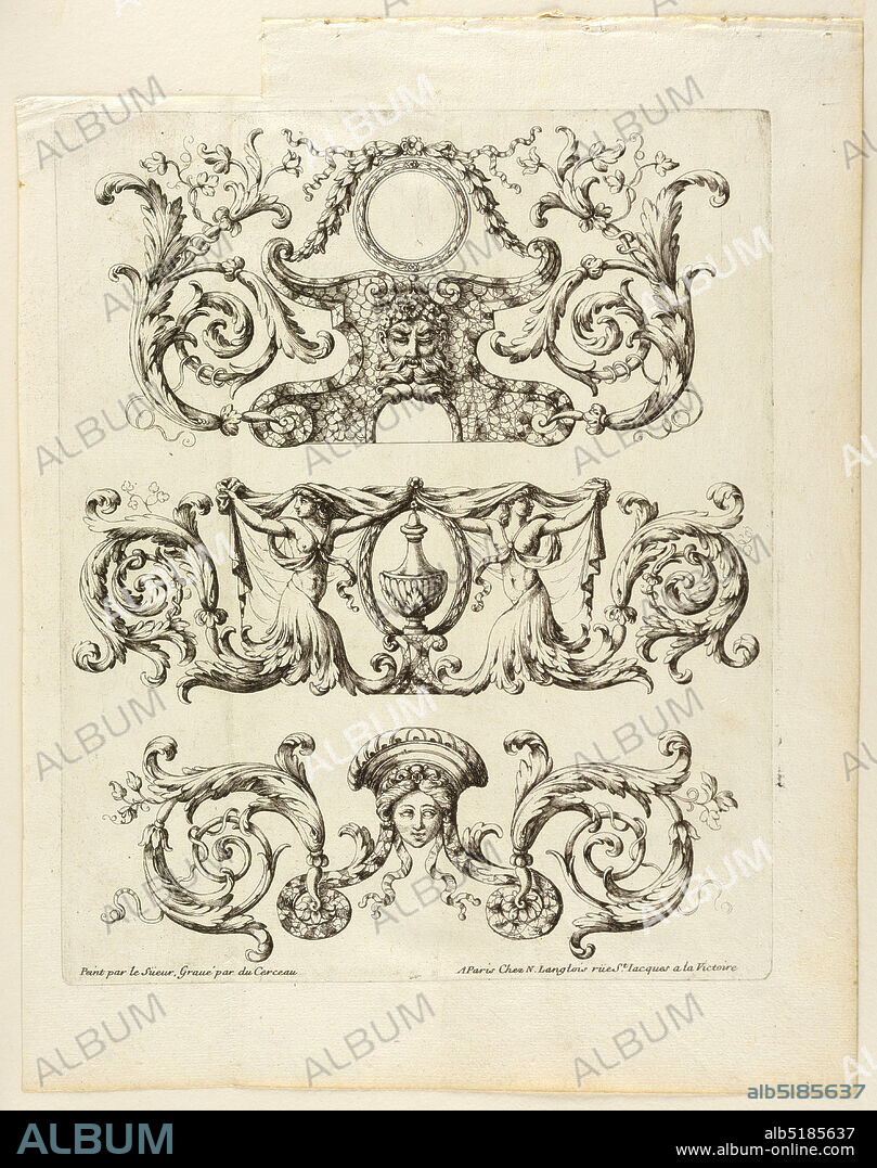 Frieze, from the set, 'Ornemens à la Mode', Jacques Androuet Du Cerceau the Elder, French, ca. 1515 - after 1584, Engraving on laid paper, After Eustache le Sueur (1617-1655). Three freizes; top: with a pedestal and a circular frame; center: with two female halffigures flanked by an urn in an ovoidal frame; bottom: with a female mask. Bottom: 'Peint par le Sueur, Gravé par du Cerceau,' and the Langlois address, 'rue St. Jacques a la Victoire.', France, ca. 1650, ornament, Print, Print.