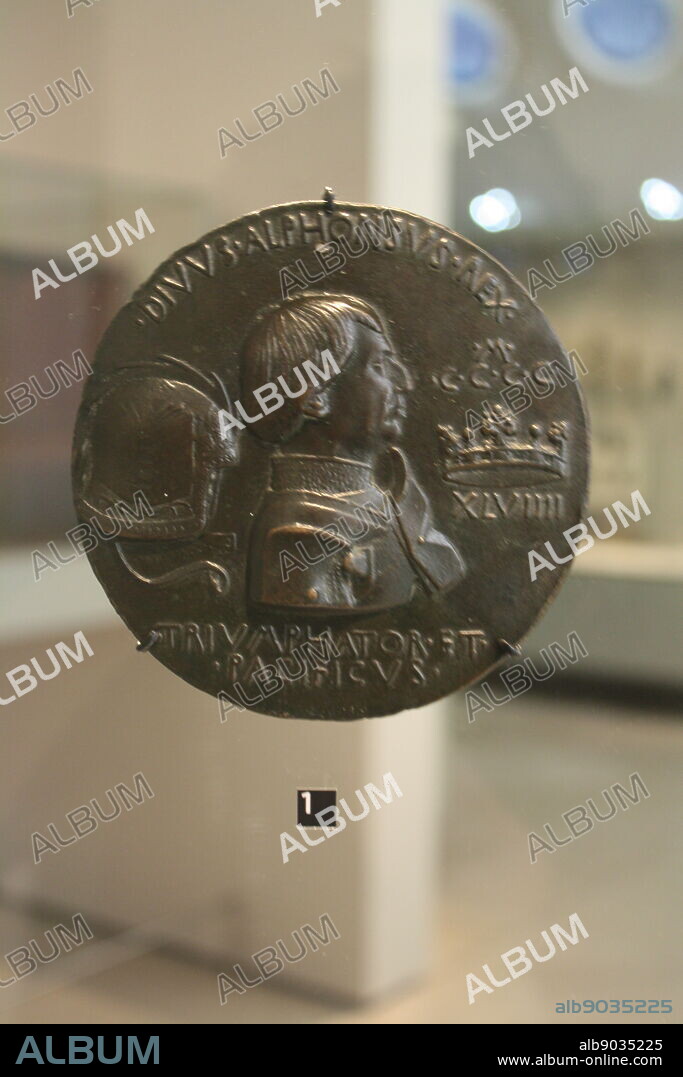 Medal/Coin with relief of Alphonso of Aragon. King of Naples. Circa 1449. By the master medal-maker Pisanello. With Latin inscription.