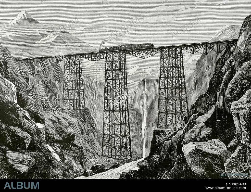 South America, Peru. Trans-Andean railway running inland from Callao and Lima crossing the Andes watershed at Galera  en route to La Oraya. Great railway bridge. Drawing by Manuel Nao. Engraving by Laporta. La Ilustracion Espa–ola y Americana, July 15, 1876.,.