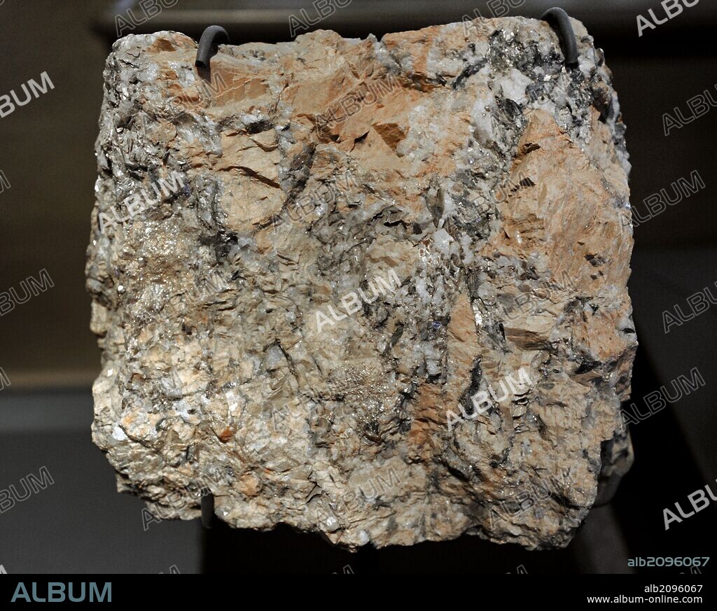 Pegmatita. Roca ígnea que tiene un tamaño de grano que ronda los 20 mm. Las rocas con este tamaño de grano se dice que tienen textura pegmatítica. Pieza procedente de Alemania. Museum fur Naturkunde. Berlin. Alemania. Europa.