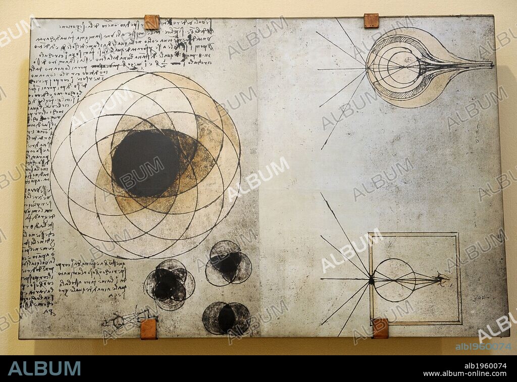 Códice Atlántico, realizado por Leonardo Da Vinci entre 1478-1519. Folio 921, dedicado al estudio de los ojos y la ciencia de la visión. Estudios de Leonardo, conectados con las investigaciones sobre la anatomía y la perspectiva, descritos en el "Tratado de la Pintura". Se estudia la formación de sombras, cómo distinguir entre las sombras simples y múltiples. Se lleva a cabo un experimento en un cuarto oscuro. Museo Nacional de la Ciencia y la Tecnología Leonardo Da Vinci. Milán. Italia.
