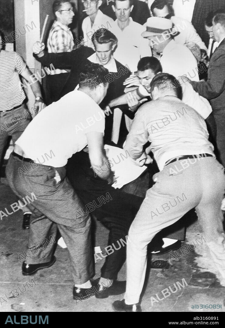 Birmingham, Alabama: May 14, 1961 James Peck of New York who was on one of the two Freedom Rider buses is attacked at the bus station in Birmingham. The other bus was burned in Anniston, Alabama en route to Birmingham.