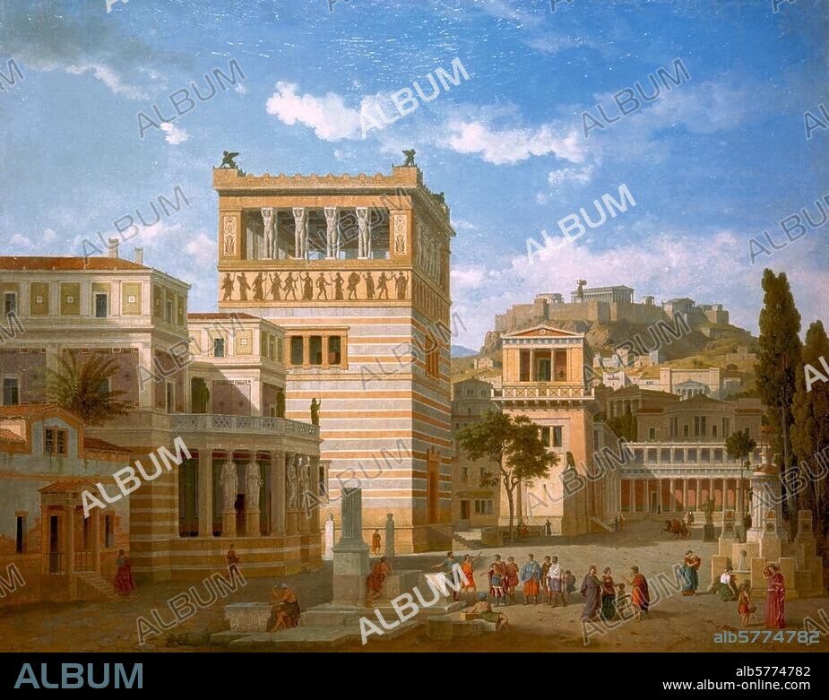 Athen (Griechenland). "Ideale Ansicht der Stadt Athen in antiker Zeit". Gemälde, 1862, von Leo von Klenze. (1784-1864). Öl auf Leinwand, 104,5 × 131,5 cm. Leihgabe der Bundesrepublik Deutschland, München, Staatl. Schlösser und Gärten.