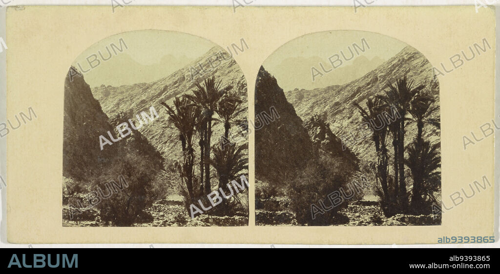 View of Mount Serbal in the Wadi Feiran valley, View of Mount Serbal from Wady feiran (title on object), Views in the Peninsula of Sinai (series title on object), Second Series (series title on object), Francis Frith (possibly), publisher: Negretti & Zambra (possibly), Wadi Feiran, publisher: London, 1859 - 1861, cardboard, paper, albumen print, height 84 mm × width 178 mm.