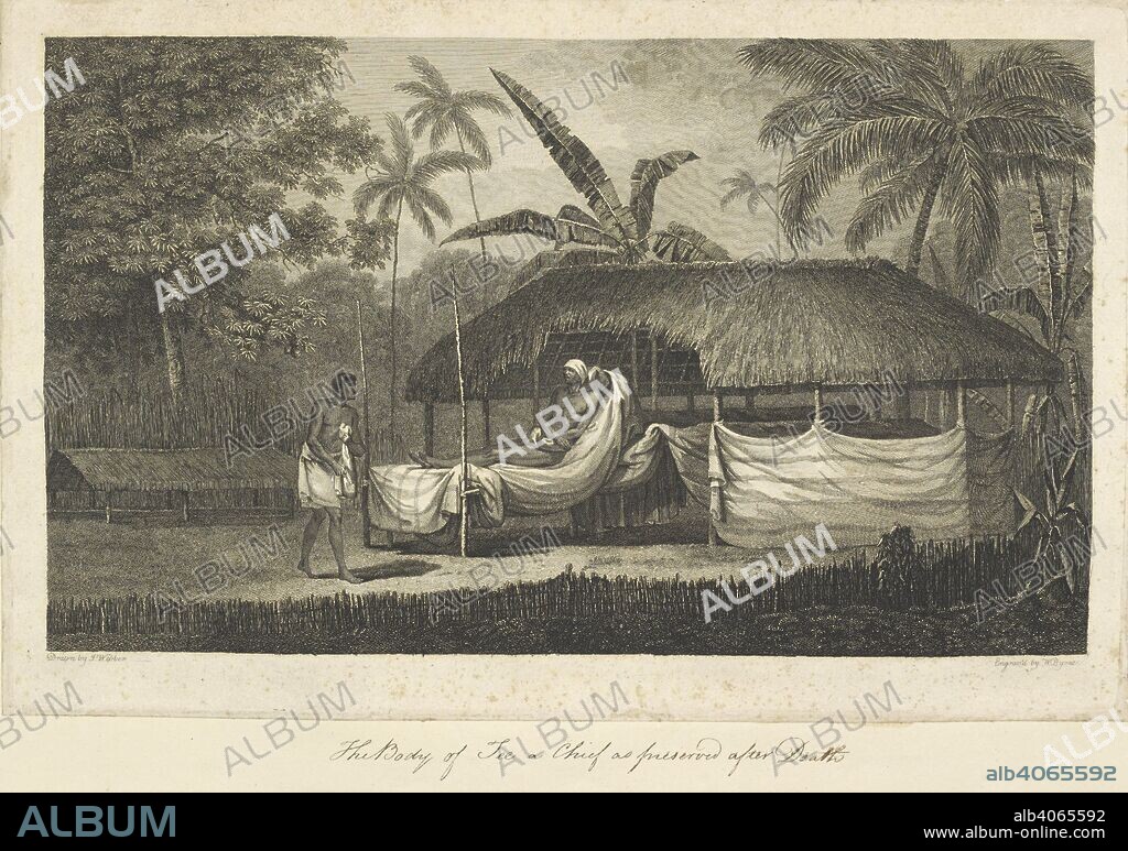 The body of Tee, a chief, as preserved after death, in Otaheite. Drawn by John Webber and engraved by W. Byrne. The scene shows the embalmed corpse of Tee propped up on a bed draped with cloth placed in front of a hut for viewing. The sides of the open-sided thatched canopy (or hut) are enclosed with cloth. There is an attendant near the corpse. A collection of drawings by A. Buchan, S. Parkinson, and J. F. Miller, made in the Countries visited by Captain James Cook in his First Voyage [1768-1771], also of prints published in John Hawksworth's Voyages of Biron [Byron], Wallis, and Cook [1773], as well as in Cook's second and third Voyages [1772-1775, 1776-1780]. 1768-1780. Captain Cook's third voyage. Source: Add.23921 f.34.