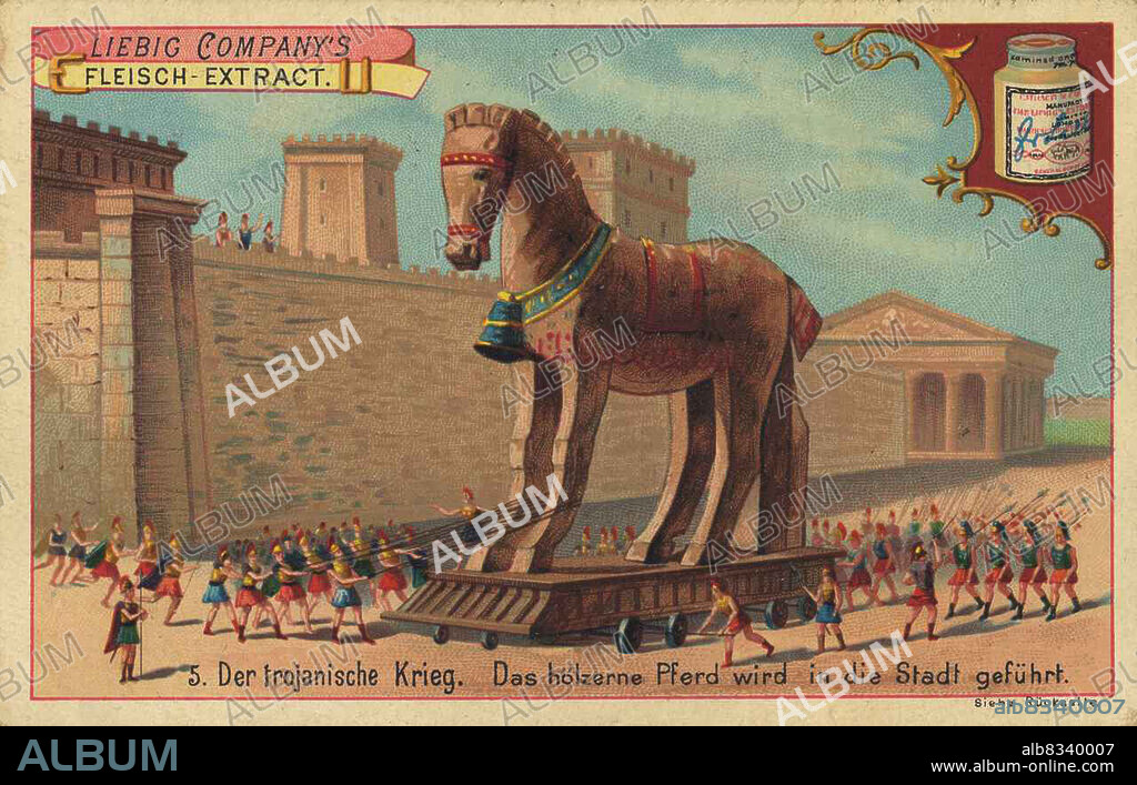 Bilderserie Der Trojanische Krieg, das hlzerne Pferd wird in die Stadt gefºhrt / Image series The Trojan War, the wooden horse is led into the city, Liebigbild, digital improved reproduction of a collectible image from the Liebig company, estimated from 1900, pd / digital restaurierte Reproduktion eines Sammelbildes von ca 1900, gemeinfrei.