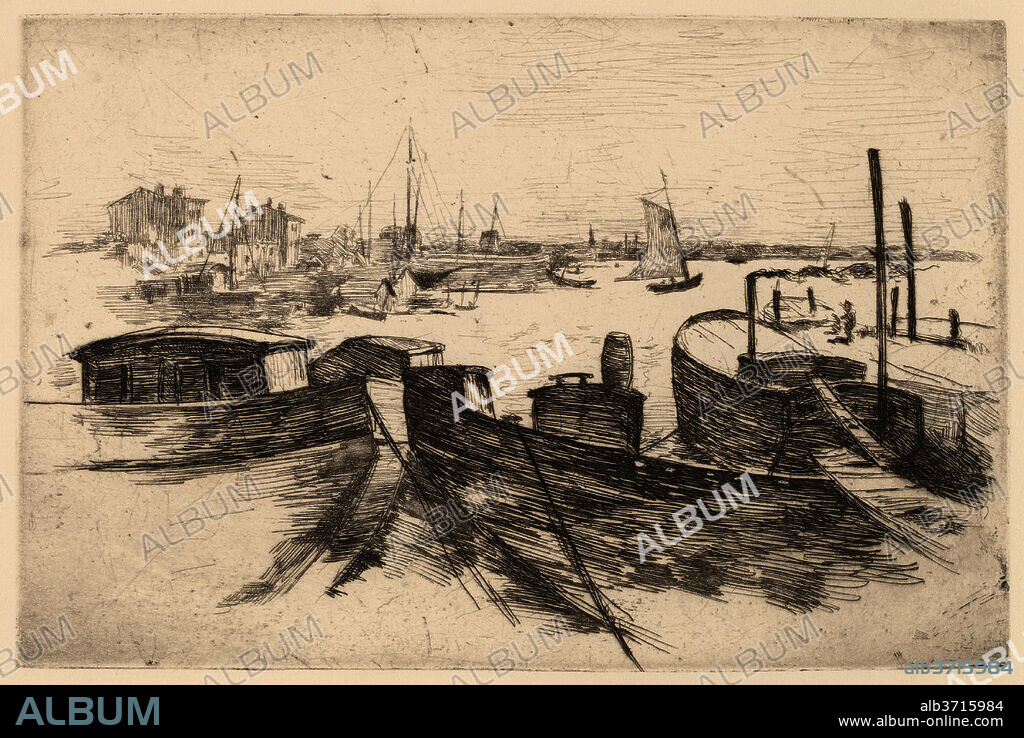 JOHN HENRY TWACHTMAN. The Harbor, Bridgeport. Dated: 1885/1921. Dimensions: Image: 111 x 169 mm  Sheet:  232 x 354 mm (left and right edges folded over). Medium: etching.