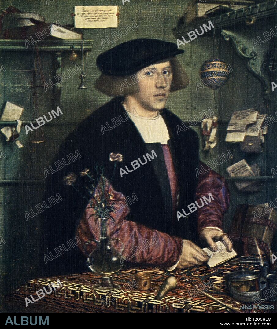 'George Gisze',  1532, (1909). Portrait of German merchant Georg Gisze. Painting housed in the Gemäldegalerie, Berlin. The German artist Holbein (1497-1543) was court painter to King Henry VIII. He is known as one of the greatest portraitists of the 16th century.From Holbein - Masterpieces in Colour, by S. L. Bensusan. [T. C. & E. C. Jack, Frederick A. Stokes Co., London & New York, 1909].
