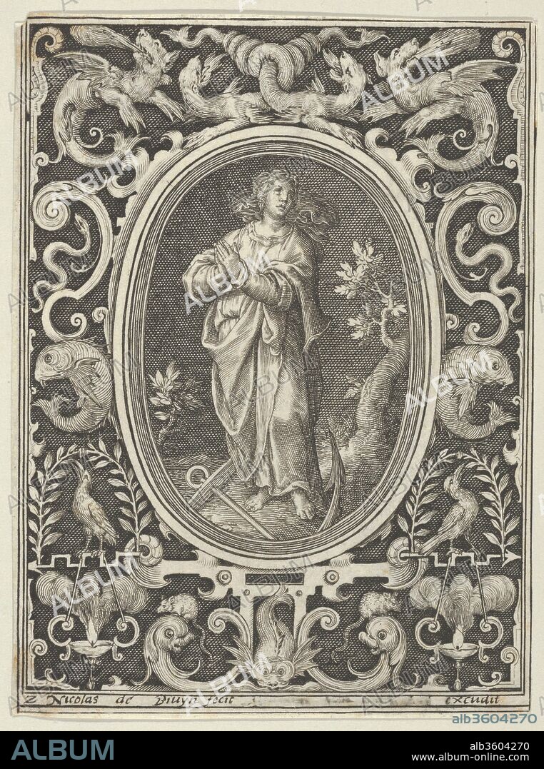 Hope, from the Cardinal Virtues. Artist: Nicolaes de Bruyn (Netherlandish,  Antwerp 1571-1656 Rotterdam). Dimensions: Sheet: 4 5/16 × 3 1/4 in. (11 × 8.2 cm). Publisher: Frederick de Wit (Dutch, 1629/30-1706). Series/Portfolio: Cardinal Virtues. Date: 1648-56.
A female figure Hope is depicted praying with an anchor before her and a tree at right behind her, framed in an oval. Surrounding the oval, ornament design with a fish at left and right and four dragons above. From a series of four plates.