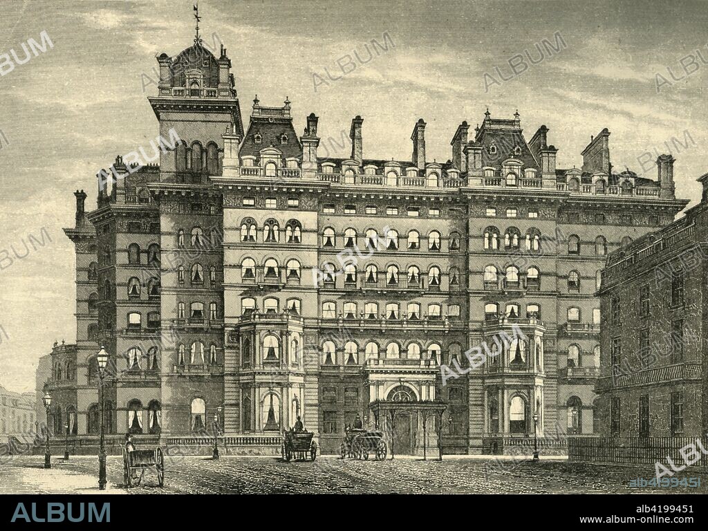 'Langham Hotel', (c1878). The Langham Hotel in Marylebone, London, was designed by John Giles and built between 1863 and 1865. Famous guests include Mark Twain, Napoleon III, Oscar Wilde, Antonín Dvorák and Arturo Toscanini. It was one of the first buildings to be installed with electric lighting, (1879). From Old and New London: A Narrative of Its History, Its People, And Its Places. The Southern Suburbs, Volume VI, by Edward Walford. [Cassell, Petter, Galpin & Co., London, Paris & New York, c1878].
