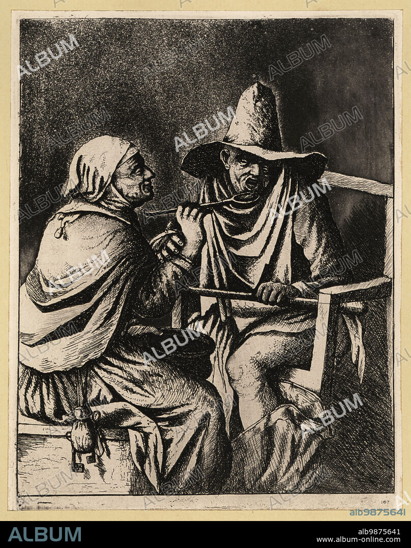 A nun spoon-feeding a man from a large bowl, 17th century. She wears a veil and a bunch of keys from her belt. The man wears a conical hat and bib, but has his trousers down and is seated on a toilet. Copperplate engraving by David Deuchar from A Collection of Etchings after the most Eminent Masters of the Dutch and Flemish Schools, Edinburgh, 1803.