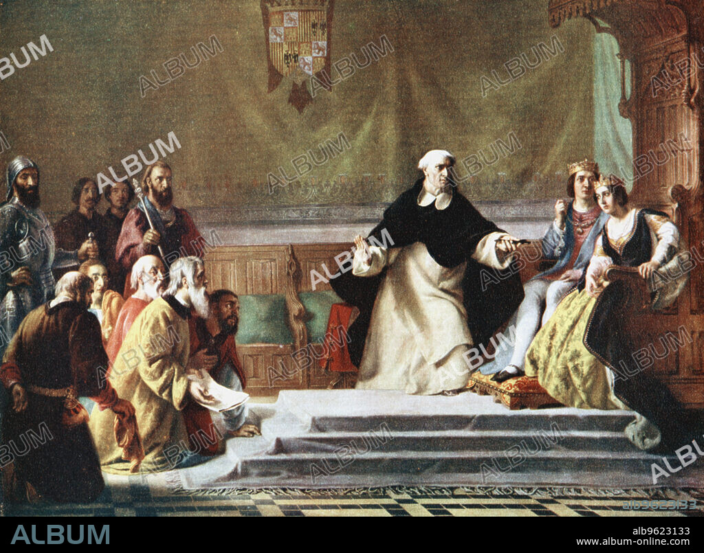 Ferdinand and Isabella, King and Queen of Spain being petitioned for mercy. A prelate holds a cross in front of them in warning.