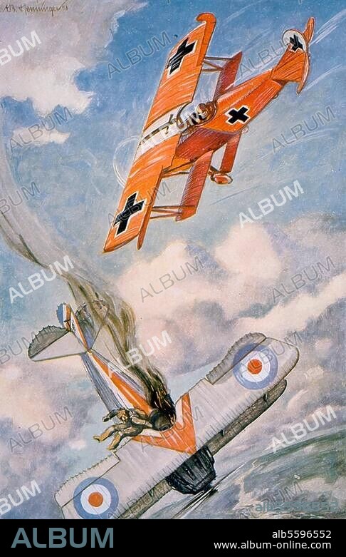 1. Weltkrieg 1914/18:. Luftkrieg. "Ab dafür". (Fokker D VII gegen Spad S13.). Gemälde, 1928, von A. B. Henninger.