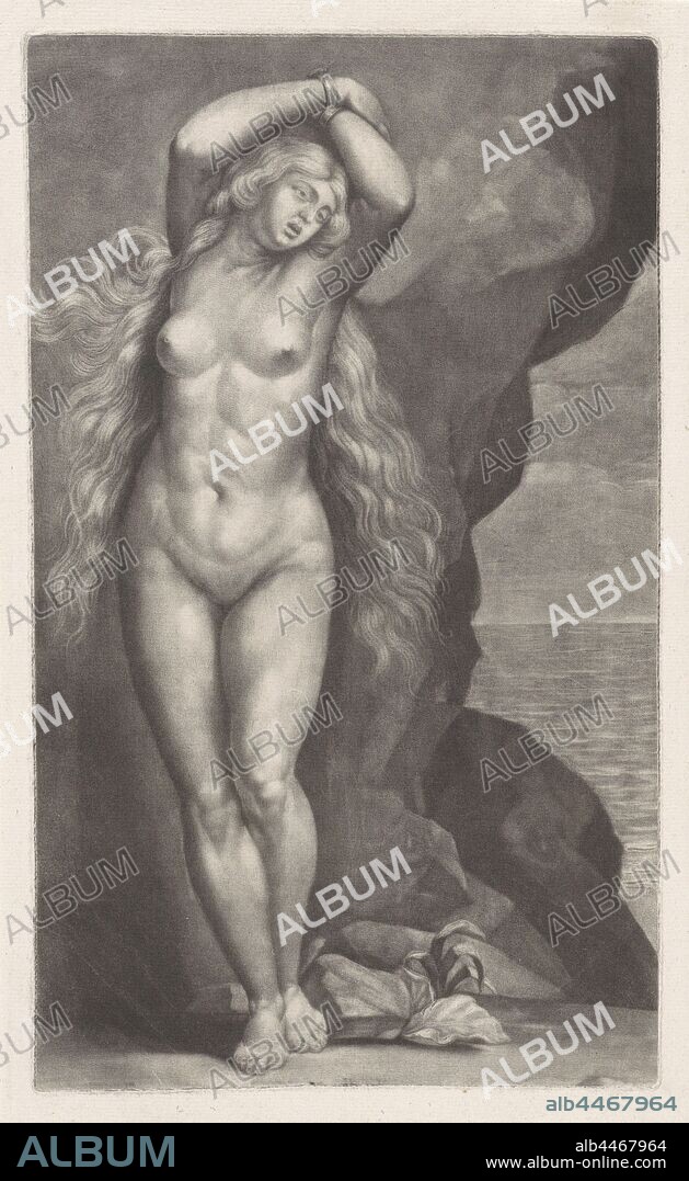 Andromeda chained to the rock, Andromeda, the daughter of an Ethiopian king, is chained to a rock by the sea as a sacrifice to a sea monster. Scene from the Metamorphoses of Ovid., Abraham Bloteling, Amsterdam, 1652 - 1690, paper, h 275 mm × w 163 mm.