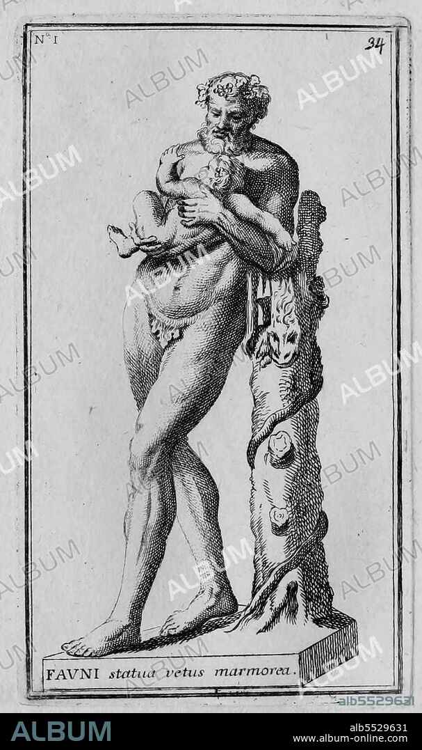Der romische Gott Faun, Faunus, ein Waldgeist, ein Mischwesen der romischen Mythologie, Marmorstatue aus dem antiken Rom, aus Calcografia di Roma, Serafino Giovannini, 1779 .