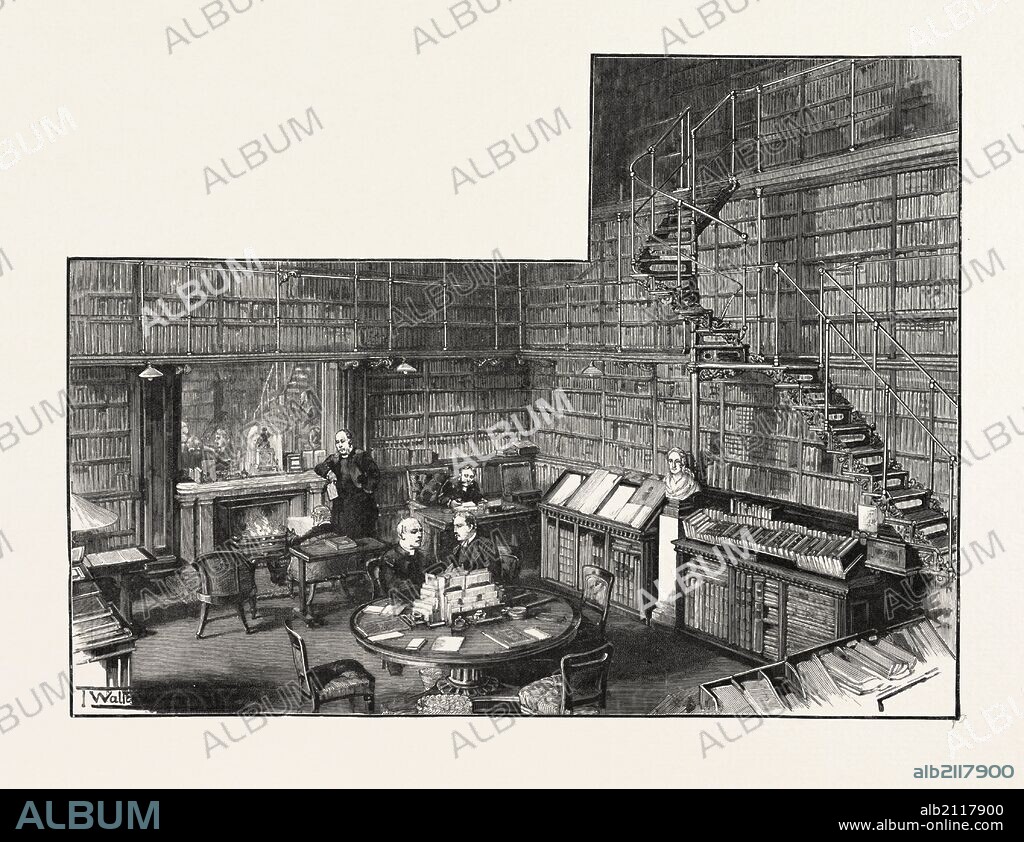 THE LIBRARY OF THE ATHENAEUM CLUB, PALL MALL, LONDON, UK, 1893 engraving.