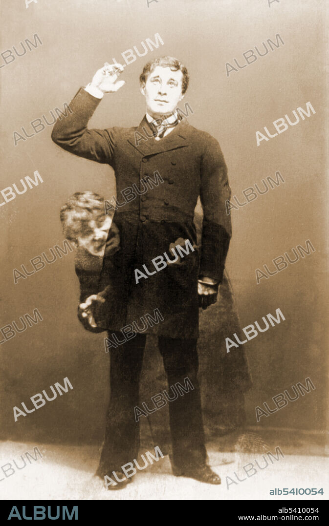Trick photograph showing the British actor Richard Mansfield as Dr. Jekyll superimposed over himself as Mr. Hyde. Created between 1885 and 1900. Richard Mansfield (1857-1907) was an English actor-manager best known for his performances in Shakespeare plays, Gilbert and Sullivan operas, and the play Dr. Jekyll and Mr. Hyde, adapted from the novella by Robert Louis Stevenson.