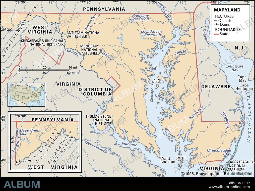 Physical map of Maryland.