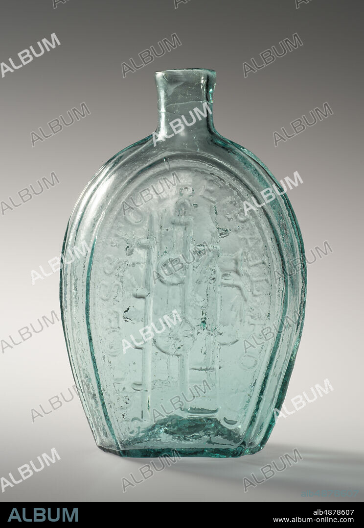 Lancaster Glass Works, American, 18491908, Figured Flask, c. 184960, Aquamarine glass, Height: 7 in. (17.8 cm).