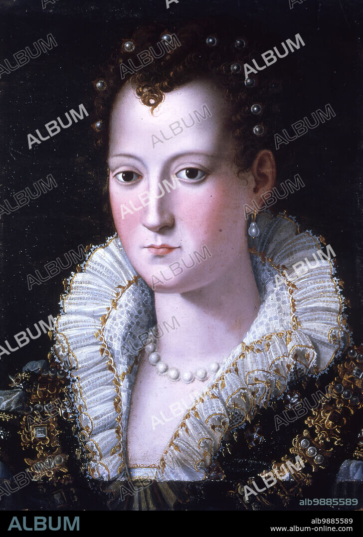 GIOVANNI MARIA BUTTERI. Portrait of Virginia de' Medici (1568-1615), c1590. Daughter of Grand Duke Cosimo I of Tuscany. She is dressed in opulent clothes and sumptuous jewelry, indicating her status as a member of one of the wealthy, prominent families in Florence. Beside a pearl ensemble with a single-strand necklace of large pearls, matching earrings, and pearls woven into her hair, she wears a large collar with intricate gold segments decorated with pearls and gemstones.