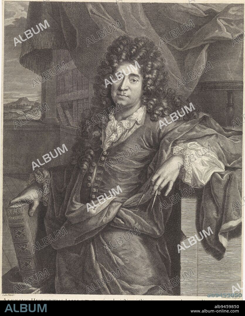 Portrait of Alexis Hubert Jaillot, Cornelis Martinus Vermeulen, after J. Culin, 1698, The French cartographer Alexis Hubert Jaillot. In one hand an atlas and in the other a compass., print maker: Cornelis Martinus Vermeulen, (mentioned on object), after: J. Culin, (mentioned on object), Antwerp, 1698, paper, engraving, h 398 mm × w 304 mm.