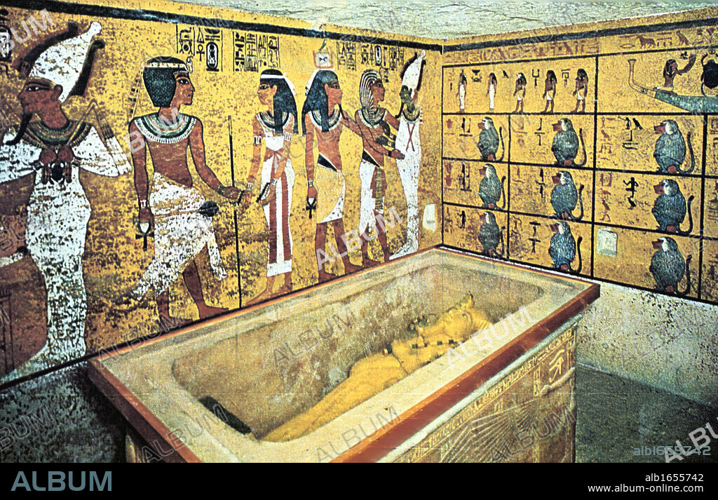 Tomb of Tutankhamun (dc1340 BC): Sarcophagus containing gold coffin of the king which held his mummy.. Cairo Museum, Egypt.