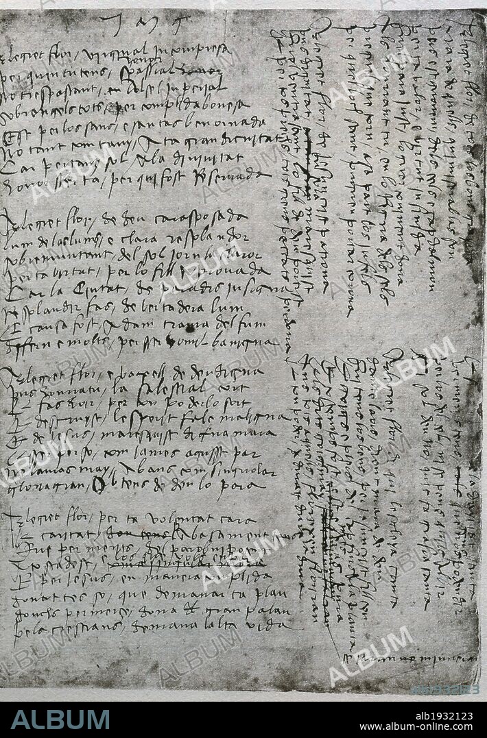 LITERATURA CATALANA. Siglo XV "CANÇONER DELS MASDOVELLES". Manuscrito de 1438-1470?, folio 6 rv. Johan Berenguer de Masdovelles copió parte de su producción poética y composiciones de su tio GUILLEM (1375-1440) y de su hermano PERE JOHAN, (1440). Biblioteca de Cataluña. Barcelona. Cataluña.
