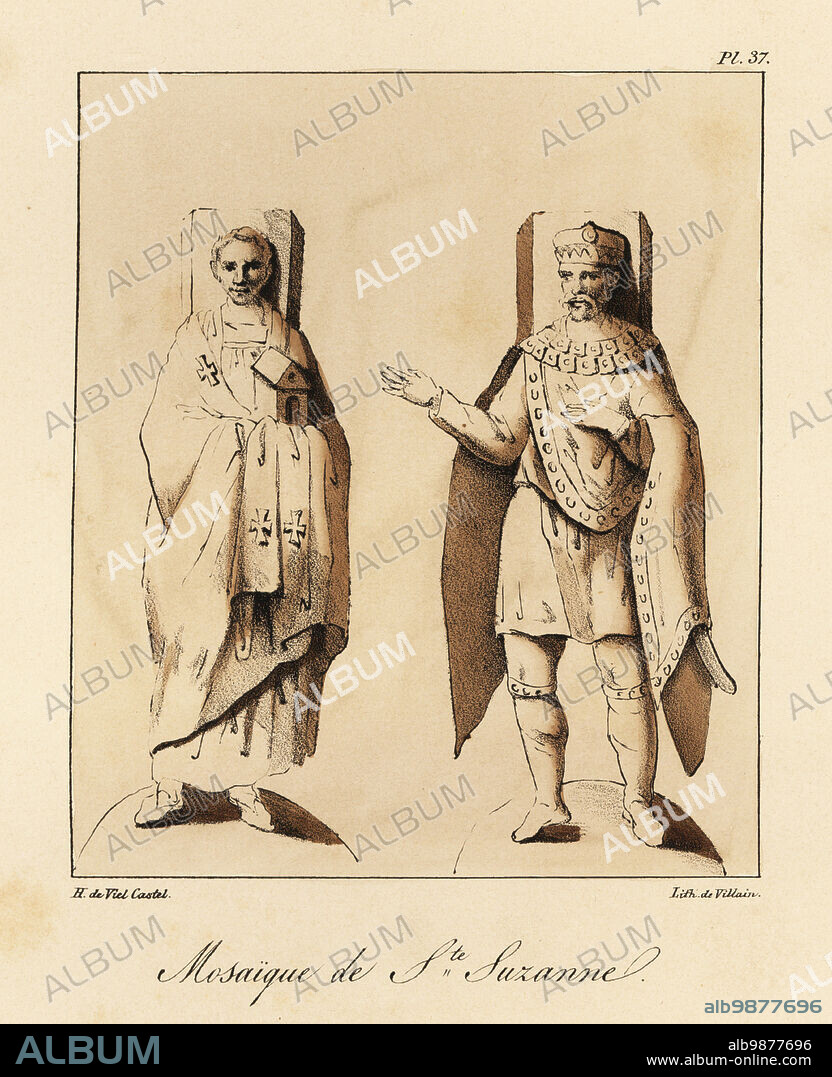 Pope Leo III and the Emperor Charlemagne from an 8th century mosaic in the Church of Saint Susanna at the Baths of Diocletian, Rome, destroyed in the 12th century by an earthquake. Mosaique de Ste. Suzanne. Tinted lithograph by Villain after an illustration by Horace de Viel-Castel from his Collection des costumes, armes et meubles pour servir à l'histoire de la France (Collection of costumes, weapons and furniture to be used in the history of France), Treuttel & Wurtz, Bossange, 1827.