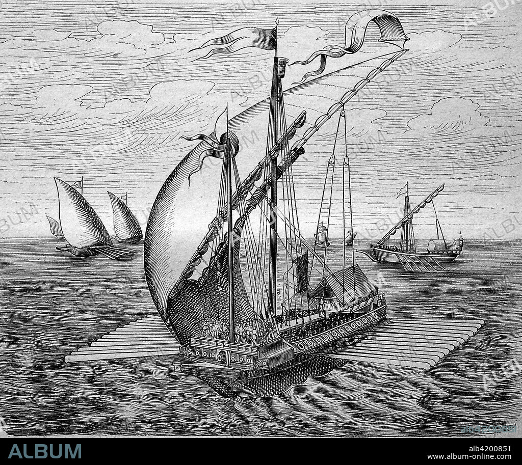 A Venetian galley sailing ship, Venice, Venezia, Italy, reproduction of a woodcut from 1882, digital improved.