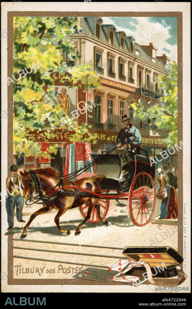 'Tilbury des postes. A la meme heure, tous les tilburys qui ont ete relever les depeches arrivent a a l'hotel des Postes'. Illustration anonyme pour un chromo d'une serie sur les transports vers 1900. Credit : Collection IM/KHARBINE-TAPABOR.