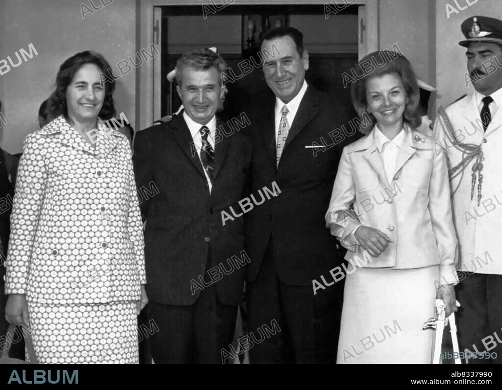 Visit of Romanian President Nicolae Ceausescu and Elena Ceausescu to Argentina where they were met by President Juan Peron and Vice President Isabella Peron in 1974. Nicolae Ceausescu (23 January] 1918 - 25 December 1989) was a Romanian communist politician and dictator. He was also the country's head of state from 1967, serving as President of the State Council and from 1974 concurrently as President of the Republic, until his overthrow and execution in the Romanian Revolution in December 1989. Elena Ceausescu ( 7 January 1916 - 25 December 1989) was a Romanian communist politician who was the wife of Nicolae Ceausescu. Juan Domingo Peron (8 October 1895 - 1 July 1974) was an Argentine Army general and politician. He was elected President of Argentina three times, serving from June 1946 to September 1955, when he was overthrown by the Revolucion Libertadora, and then from October 1973 until his death in July 1974. Isabel Martinez de Peron (born Maria Estela Martinez Cartas, 4 February 1931), also known as Isabelita, is an Argentine politician who served as President of Argentina from 1974 to 1976.
