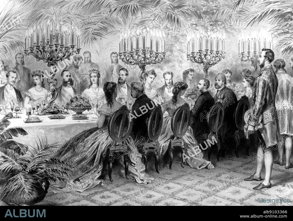 The banquet for the opening of the Suez Canal by Edouard Riou, French illustrator (1838-1900). Those at the table include the Empress Eugenie of France, fourth from lef facing, with the Austrian Emperor on her right, members of the Dutch and Prussian royal houses. The Kedive is fifth from the left (facing away) and De Hesseps is second from left facing away.