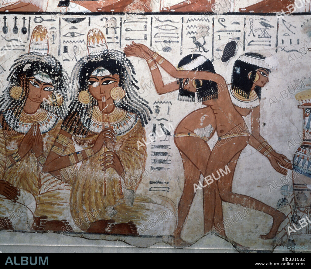Banquet scene sith dancers fresco from Thebes Egyptian , VIIIth Dynasty, 1425 BC.
