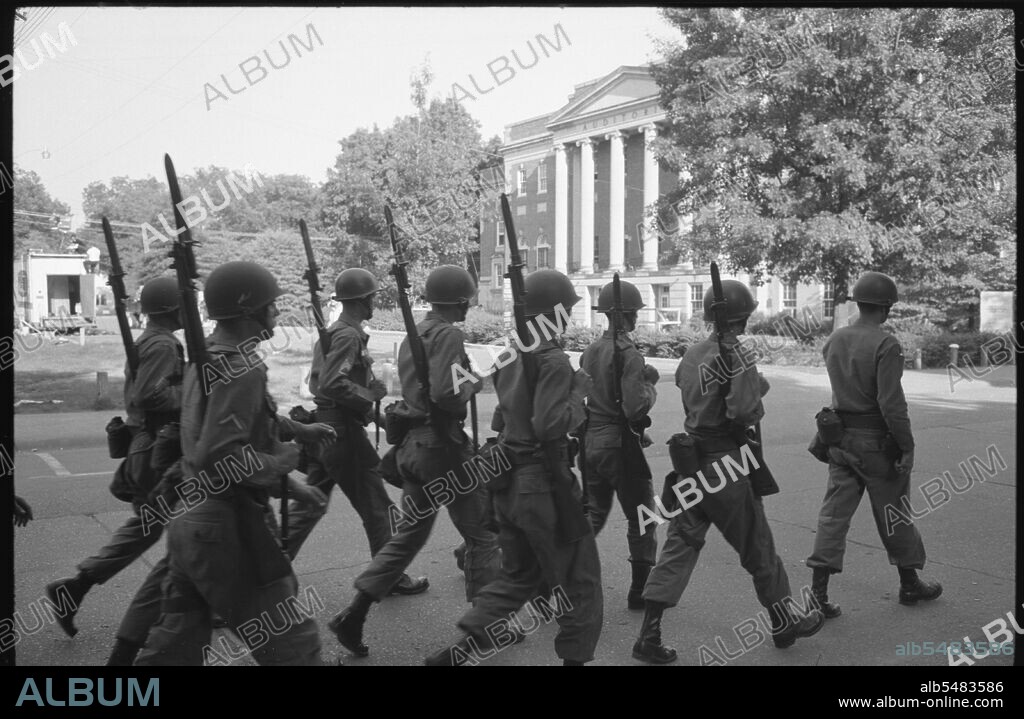 June 11, 1963 - Federalized National Guard troops on the campus of the University of Alabama, June 11, 1963 when African Americans Vivian Malone and James Hood registered for classes.