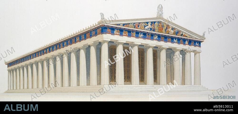 Athen (Griechenland), Parthenon auf der Akropolis (Tempel der Athena, 447-422 v. Chr. erbaut von Iktinos und Kallikrates). - Rekonstruktion: Außenansicht.- Zeichnung, aquarelliert, von Peter Connolly (1935-2012).