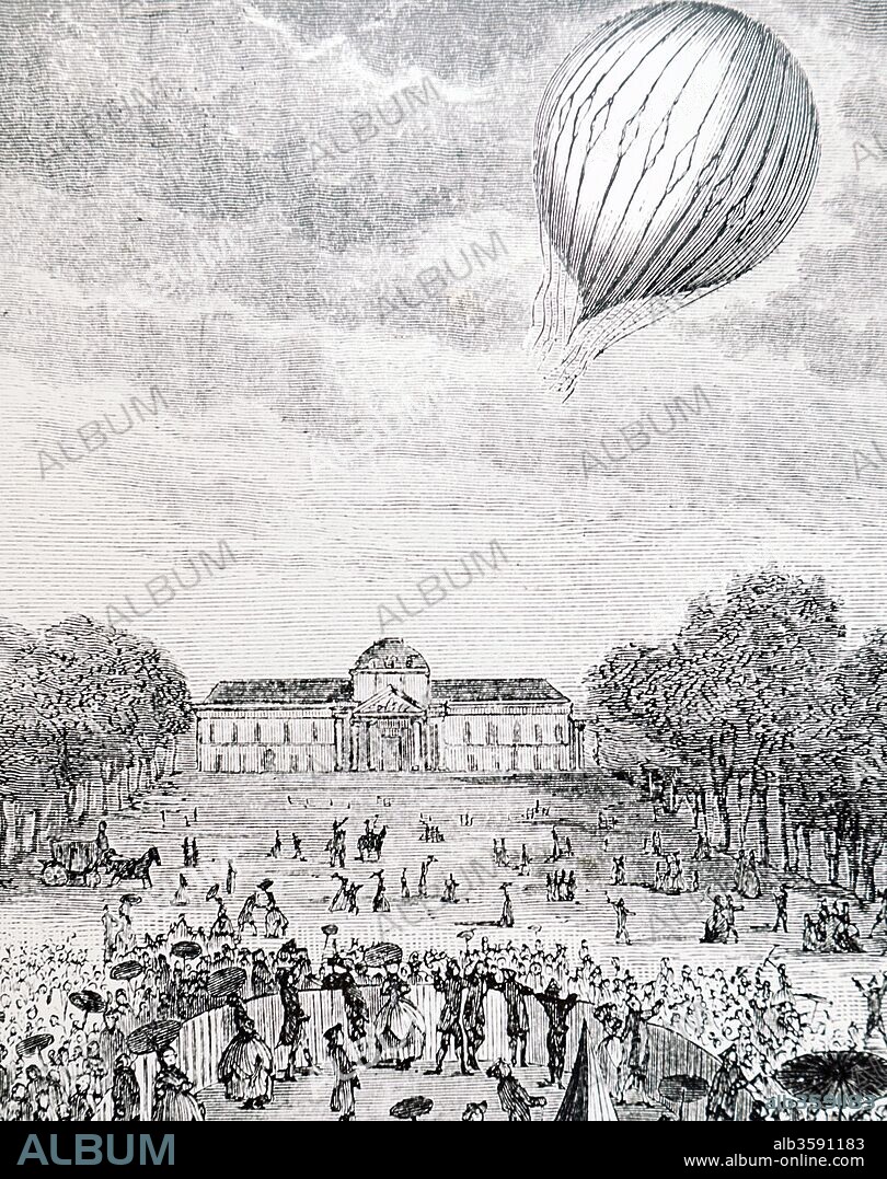 Crowds gathered, in the Champs de Mars, to watch the release of the first successful hydrogen filled balloon. Dated 18th Century.